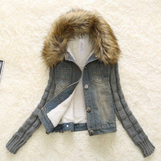 Women Short Denim Jacket Large Fur Collar Lamb Woolen Patchwork Denim Outerwear Women Jeans Coats Plus Size