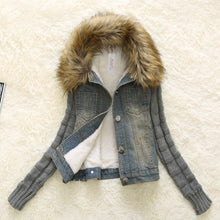 Women Short Denim Jacket Large Fur Collar Lamb Woolen Patchwork Denim Outerwear Women Jeans Coats Plus Size