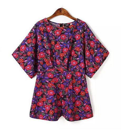 Women Dark Purple contrast Red Color Floral Print Short Bat Sleeve Playsuit Short Pants Rompers Jumpsuit Bodysuit Overalls