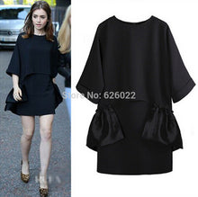 Women's Stitching Ruffles Fold Pleated Hem O- Neck 3/4 sleeve Two-piece Dress Short Mini Dresses Tops