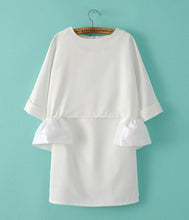 Women's Stitching Ruffles Fold Pleated Hem O- Neck 3/4 sleeve Two-piece Dress Short Mini Dresses Tops