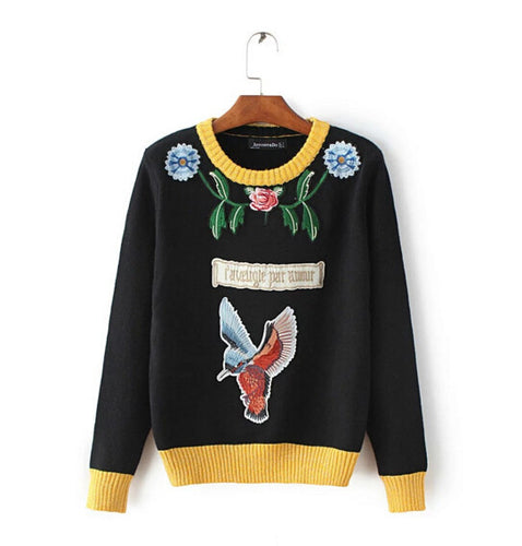 Appliques Bird Flower Embroidery Sweater Women O neck Contrast color Knitwear Jumper Pullovers kleding jerseis femme
