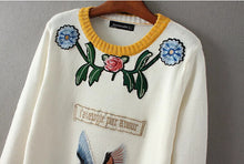 Appliques Bird Flower Embroidery Sweater Women O neck Contrast color Knitwear Jumper Pullovers kleding jerseis femme