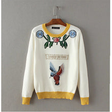 Appliques Bird Flower Embroidery Sweater Women O neck Contrast color Knitwear Jumper Pullovers kleding jerseis femme