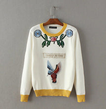 Appliques Bird Flower Embroidery Sweater Women O neck Contrast color Knitwear Jumper Pullovers kleding jerseis femme