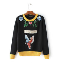 Appliques Bird Flower Embroidery Sweater Women O neck Contrast color Knitwear Jumper Pullovers kleding jerseis femme