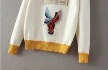 Appliques Bird Flower Embroidery Sweater Women O neck Contrast color Knitwear Jumper Pullovers kleding jerseis femme