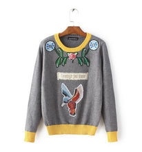 Appliques Bird Flower Embroidery Sweater Women O neck Contrast color Knitwear Jumper Pullovers kleding jerseis femme