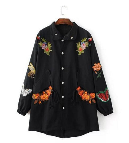 Appliques Flower Bird Embroidery Trench Women Lapel Loose Drawstring Waist Coat Casual Outerwear Black Army green