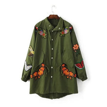 Appliques Flower Bird Embroidery Trench Women Lapel Loose Drawstring Waist Coat Casual Outerwear Black Army green