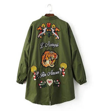 Appliques Flower Bird Embroidery Trench Women Lapel Loose Drawstring Waist Coat Casual Outerwear Black Army green