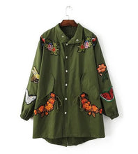 Appliques Flower Bird Embroidery Trench Women Lapel Loose Drawstring Waist Coat Casual Outerwear Black Army green