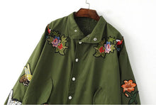 Appliques Flower Bird Embroidery Trench Women Lapel Loose Drawstring Waist Coat Casual Outerwear Black Army green