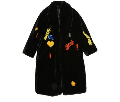 Appliques Letter Embroidery Hairy Shaggy Long Faux Fur Coat Women Lapel Faux Fur Long Coats Warm Outerwear