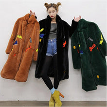 Appliques Letter Embroidery Hairy Shaggy Long Faux Fur Coat Women Lapel Faux Fur Long Coats Warm Outerwear