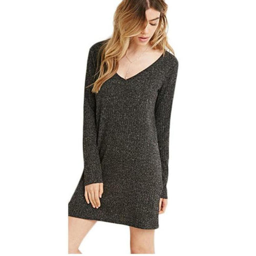 Fashion European Women Dress Long Sleeve V-Neck Jumper Slim Knit Dress Plus Size