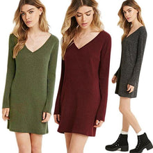 Fashion European Women Dress Long Sleeve V-Neck Jumper Slim Knit Dress Plus Size