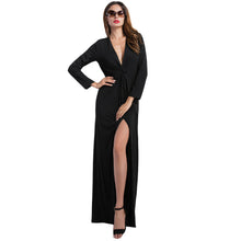 fashion-women-black-maxi-dress-sexy-high-split-deep-v-neck-vestido-longo-long-sleeve-elastic-waist-club-party-dress BBL