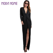 fashion-women-black-maxi-dress-sexy-high-split-deep-v-neck-vestido-longo-long-sleeve-elastic-waist-club-party-dress BBL