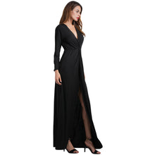 fashion-women-black-maxi-dress-sexy-high-split-deep-v-neck-vestido-longo-long-sleeve-elastic-waist-club-party-dress BBL