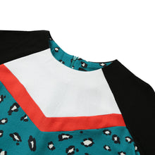 women-blue-leopard-print-dress-contrast-splicing-zipper-round-neck-tunique-3-4-sleeve-mini-straight-dress BBL