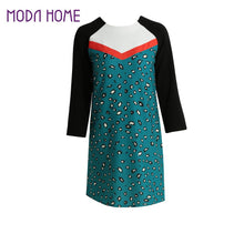 women-blue-leopard-print-dress-contrast-splicing-zipper-round-neck-tunique-3-4-sleeve-mini-straight-dress BBL