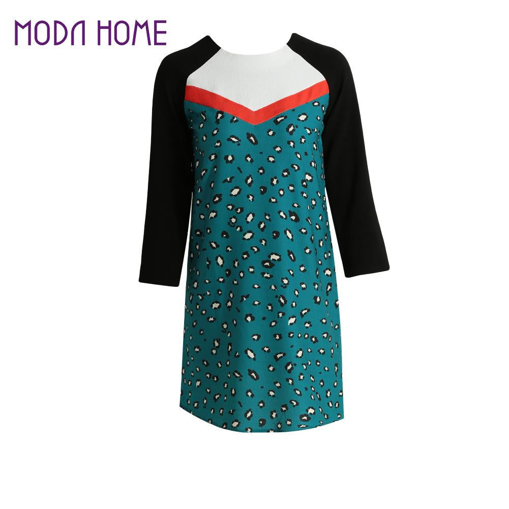women-blue-leopard-print-dress-contrast-splicing-zipper-round-neck-tunique-3-4-sleeve-mini-straight-dress BBL