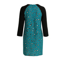 women-blue-leopard-print-dress-contrast-splicing-zipper-round-neck-tunique-3-4-sleeve-mini-straight-dress BBL