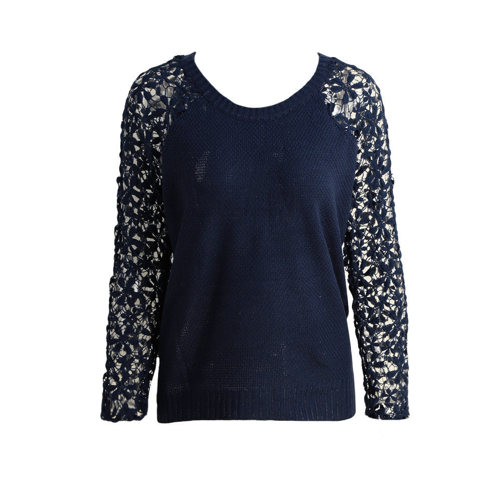 fashion-women-knitting-sweater-hollow-out-lace-splicing-sleeve-maglioni-o-neck-pullover-tops-pink-chandail-femme BBL