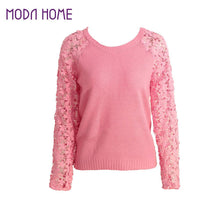 fashion-women-knitting-sweater-hollow-out-lace-splicing-sleeve-maglioni-o-neck-pullover-tops-pink-chandail-femme BBL