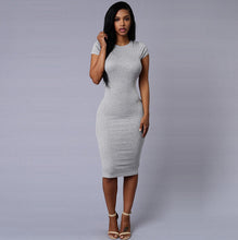 Women Short Sleeve O-neck Solid Package Hip Dess For Women Sexy Bodycon Mid -Calf Dress X0350