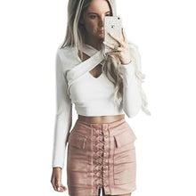 Cross Bandage Crop Top Sexy Long Sleeve Women Shirt Short Ladies Tops Slim Solid Shirt M0591