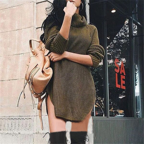Sexy Solid Long Sleeved Knitted Women's Shirt Plus Size Turtle Neck Side Split Sweater Pullovers Tops LX226