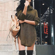 Sexy Solid Long Sleeved Knitted Women's Shirt Plus Size Turtle Neck Side Split Sweater Pullovers Tops LX226