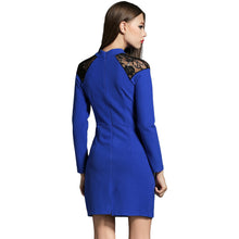 dress-women-woollen-lace-dress-insert-slit-back-stand-neck-elegant-party-dress-back-zipper-slim-dress-blue BBL