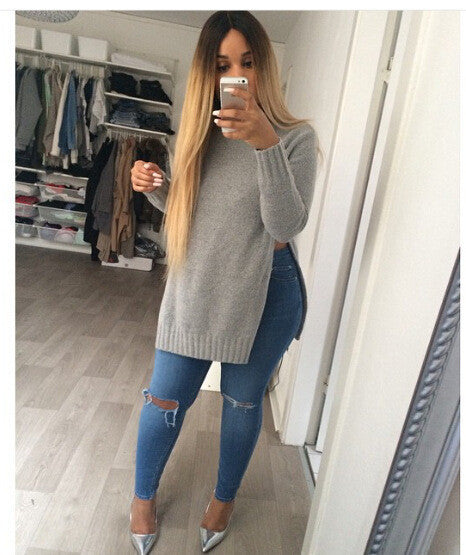 Knitted Women Casual Sweater Plus Size Knitwear Split Pullover Sweater Sweaters J4158