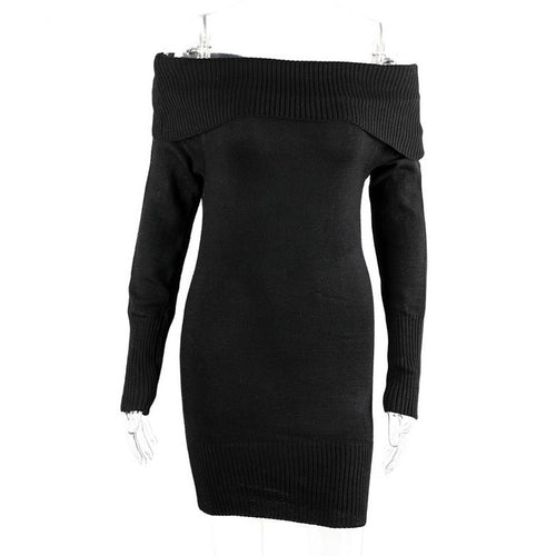 Off Shoulder Knitted Dress Womens Sexy Mini Dress Slash Neck Bodycon Dress Robe Femme Long Sleeve