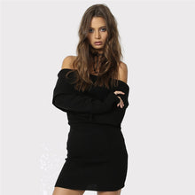 Off Shoulder Knitted Dress Womens Sexy Mini Dress Slash Neck Bodycon Dress Robe Femme Long Sleeve