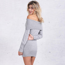 Off Shoulder Knitted Dress Womens Sexy Mini Dress Slash Neck Bodycon Dress Robe Femme Long Sleeve