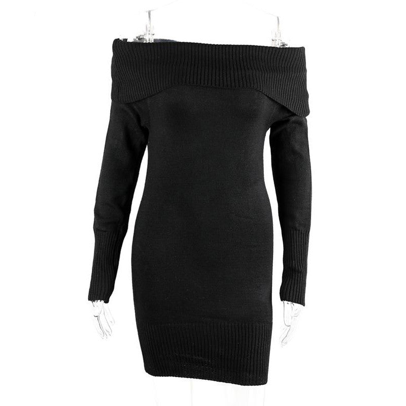 Off Shoulder Knitted Dress Womens Sexy Mini Dress Slash Neck Bodycon Dress Robe Femme Long Sleeve