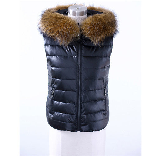 Women Vest Coat With Fur Black Waistcoat Warm Sleeveless Down Coat Hooded Faux Fur Vest XXXL