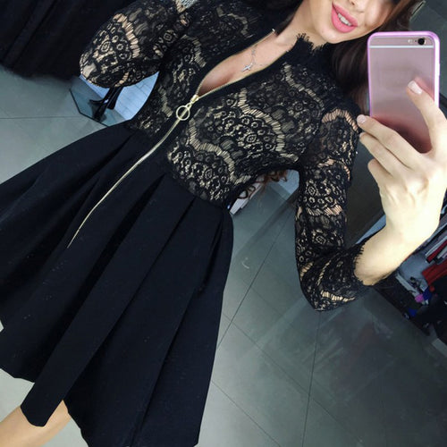 women-lace-party-dresses-fashion-vestido-casual-3-4-sleeve-mini-dress-sexy-chest-zipper-vestidos-femininos-plus-size BBL