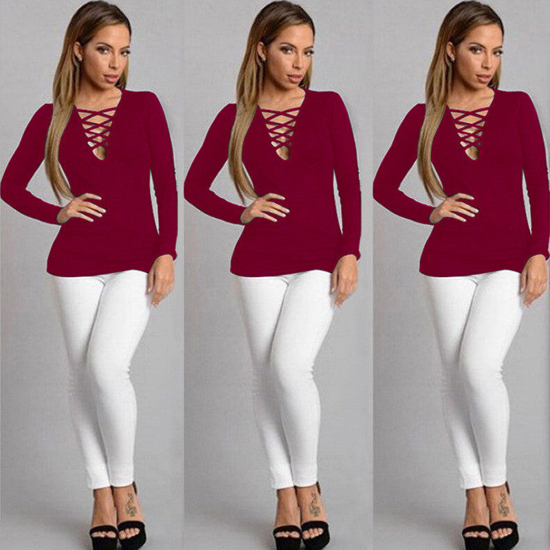 Women Shirt Top Lace Up V neck Loose Elegant Ladies Tops Long Sleeve Bandage Blusa Shirt Femme 3 Colors LX060