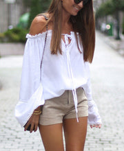 Womens Blusas Shirts White Blouses Flare Sleeve Off Shoulder Slash Neck Tops Casual Loose Tops GV292
