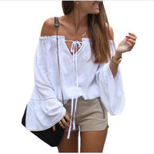 Womens Blusas Shirts White Blouses Flare Sleeve Off Shoulder Slash Neck Tops Casual Loose Tops GV292