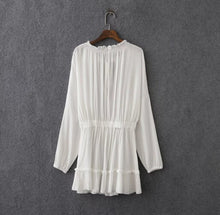 BOHO Bell Deep V neck Long sleeve Short Dress Women Ruffles Pleated Dresses Casual Dress White S M L