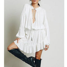 BOHO Bell Deep V neck Long sleeve Short Dress Women Ruffles Pleated Dresses Casual Dress White S M L