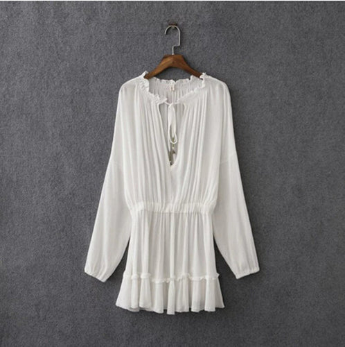 BOHO Bell Deep V neck Long sleeve Short Dress Women Ruffles Pleated Dresses Casual Dress White S M L