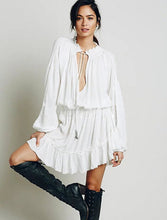 BOHO Bell Deep V neck Long sleeve Short Dress Women Ruffles Pleated Dresses Casual Dress White S M L