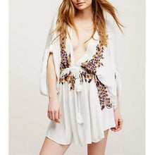 BOHO Pineapple Flower Embroidery Dress Women Beach Deep V neck Long sleeve Dresses Casual Dress White Black S M L